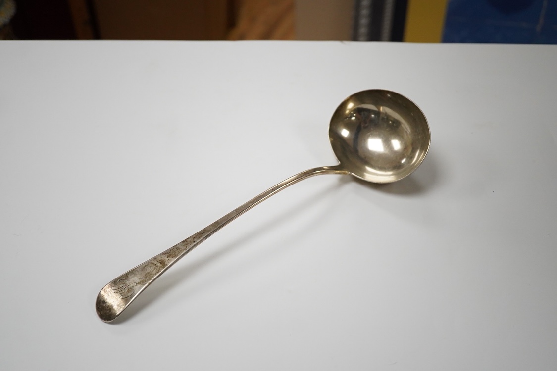 A George III silver Old English pattern soup ladle, by Eley, Fearn & Chawner, London, 1813, 31cm, 5.9oz.